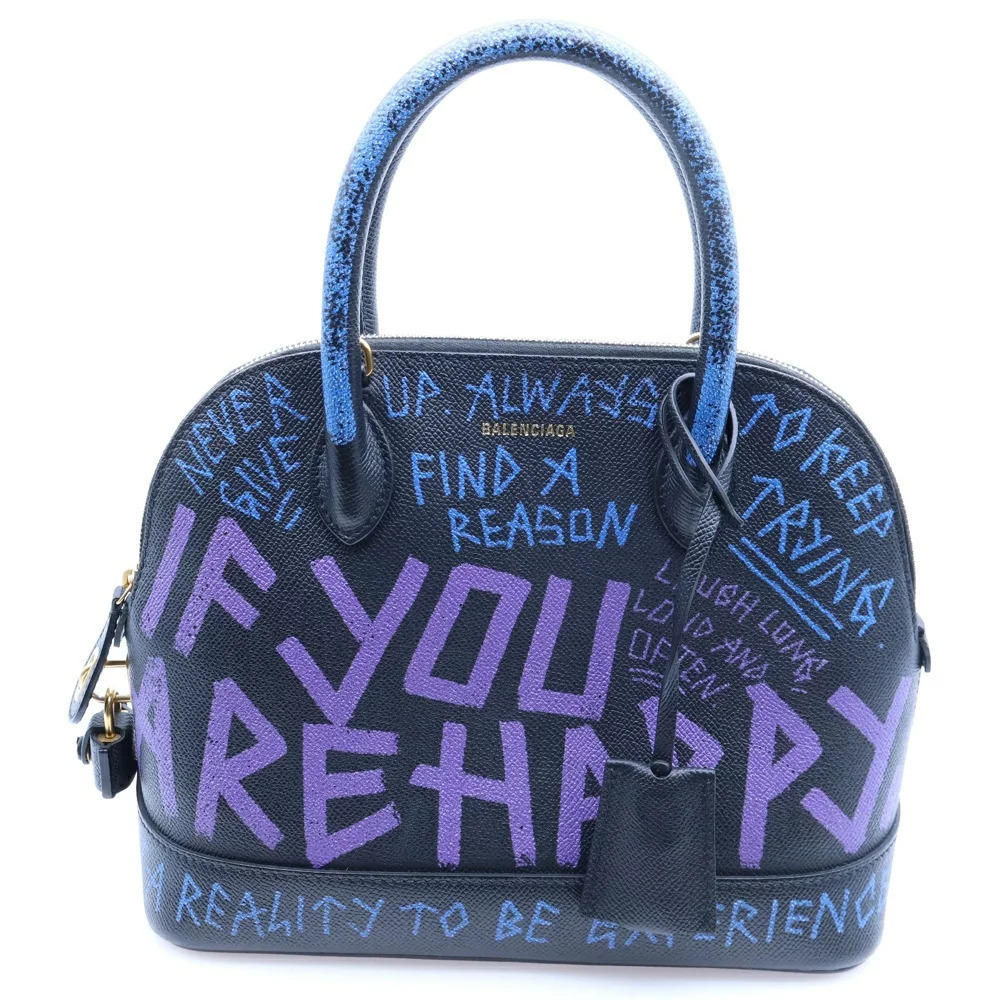 BALENCIAGA Ville Top Handle Graffiti Handbag Black Leather